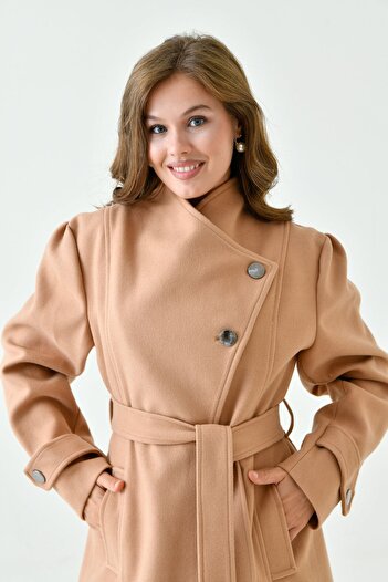 bayansepeti Women's Oversize Camel Stamp Coat - Button Detail, Belt Detail, Double Breasted Collar, Long Sleeve, Lined 9003