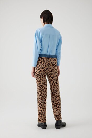 Exquise Leopard Patterned High Waist Denim Knitwear Trousers - Elastic Waist