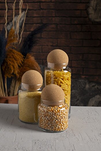 Karçiçeği Home 3-Piece Cork Lid - Glass Jar and Spice Jar Set