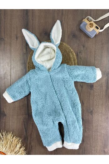 bebicix Double Layer Wellsoft Furry Rabbit Ear Unisex Winter Baby Jumpsuit