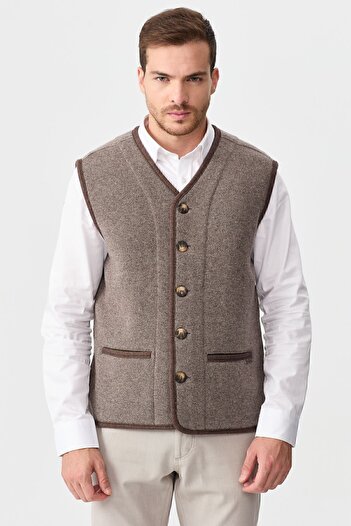 Desen Triko Men's V-Neck Pique Woven Wool Vest Mink with Felt Accessories