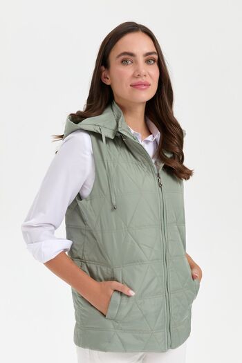 Desen Triko S.green Women's Quilted Vest - Triangle Pattern, Hooded, Short