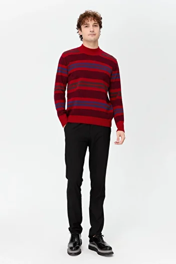 Desen Triko Men's Half Turtleneck Colored Striped Wool Sweater Red.