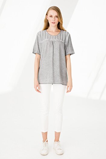 Desen Triko Women's Crew Neck Short Sleeve Jacquard Fabric Combed Cotton Blouse Gray