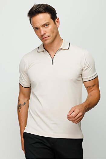Desen Triko Men's Zippered Polo Neck T-shirt Stone