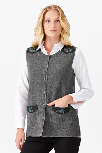 Desen Triko Women's Zero Collar Shoulder Pocket Cover Felt Embroidered Buttoned Vest Smoked