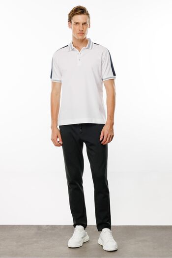 Desen Triko White Men's Polo Collar Shoulder Stripe T-Shirt