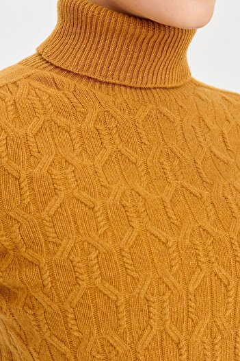 Desen Triko Women's Full Turtleneck Front Loose Wool Sweater Mustard