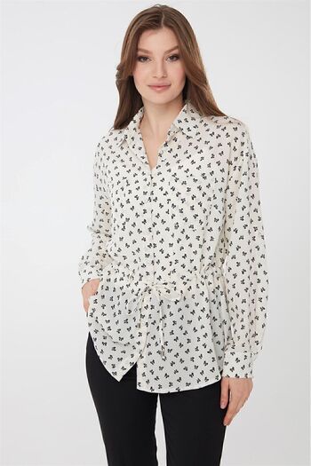 Desen Triko Women's Bow Patterned Pocket Shirt Ecru