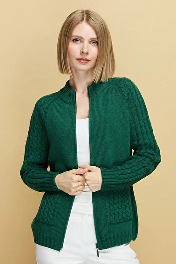 Desen Triko Women's Woolen Jacket with Hair Knit Detail and Stand Collar