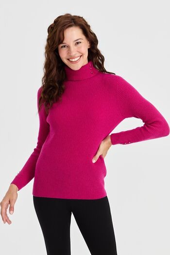 Desen Triko Women's Full Turtleneck Sleeve Buttoned Wool Sweater Cyclamen