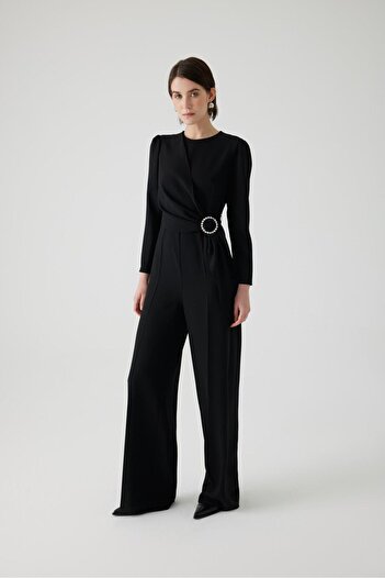 Exquise Black Stoned Belted Regular Jumpsuit
