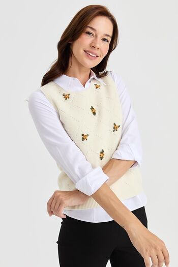 Desen Triko Women's Crew Neck Front Loose Linked Wool Sweater Bone