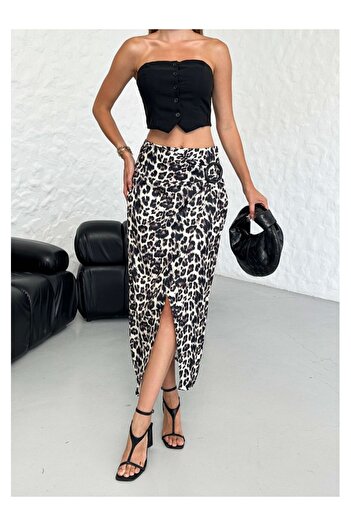 Elif Özbey Butik Fusta cu cataramă și fante cu imprimeu leopard