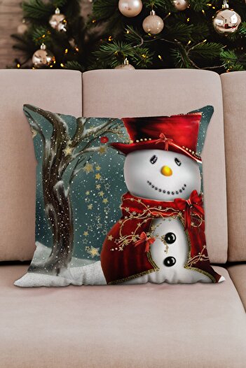 Sakallı Yılbaşı Temalı 2li Kardan Adam Ve Noel Baba Desenli Kırmızı Beyaz Dijital Baskı Kırlent Kılıfı Seti