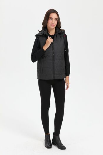 Desen Triko Black Triangle Patterned Hooded Women's Quilted Vest