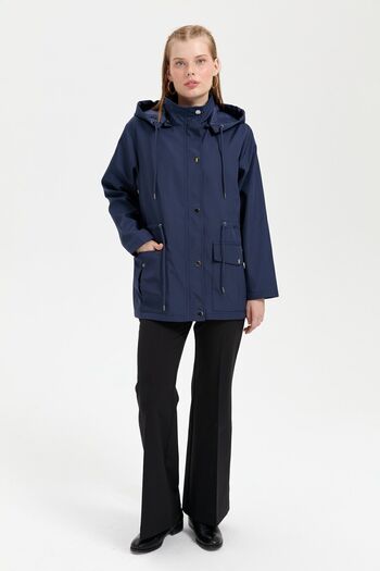 Desen Triko Navy Blue Women's Trench Coat - Hooded, Flap Pocket, Short