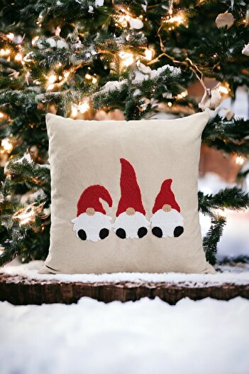 ÖZENEV Beige Punch Patterned 43X43 Christmas Throw Pillow Cover