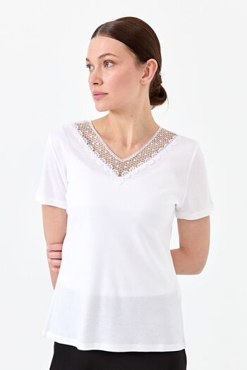 Desen Triko Women's V-Neck Lace Collar T-shirt White