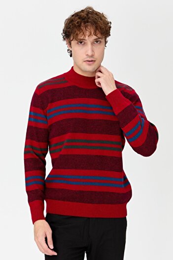 Desen Triko Men's Half Turtleneck Colored Striped Wool Sweater Red.