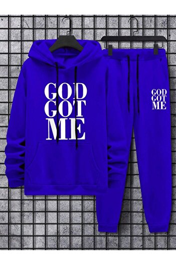 SeusCraft God Got Me Sweatshirt Eşofman Altı Jogger - Sax Mavi  Baskılı Alt Üst Eşofman Takımı Kapüşonlu