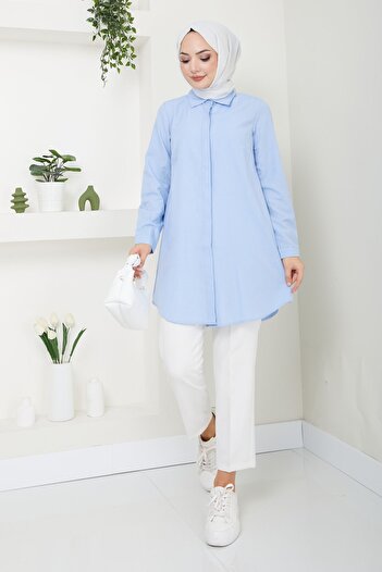Eliva Γυναικείο Baby Blue Tericoton Boyfriend Hijab πουκάμισο με κρυφά κουμπιά