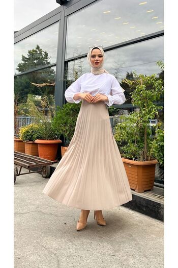HMT ZEHRA GİYİM Πλισέ Flared Fit, (S-M-L-XL---36-48 SIZE RANGE), Stone Color Skuba Crepe