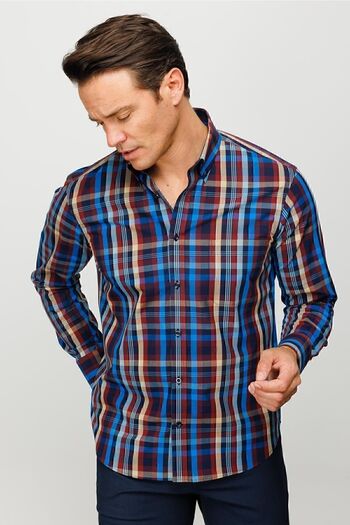 Desen Triko Men's Buttoned Collar Pocket 100% Cotton Plaid Patterned Regular Mid-Cut Shirt Claret Red