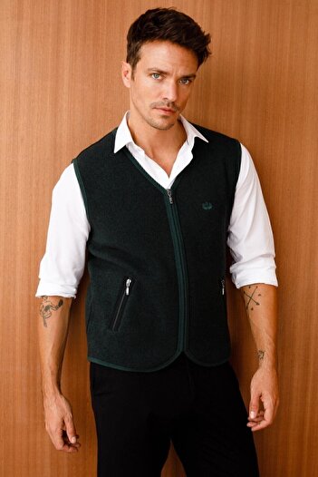 Desen Triko Men's Pique Woven Knitwear Vest with Zipper Pockets Green