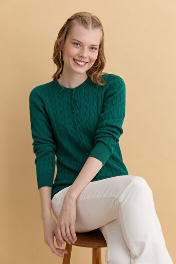 Desen Triko Women's Seamless Hair Braided Crew Neck Cardigan