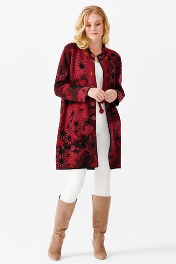 Desen Triko V. Red Women's Long Cardigan - Stand Collar and Shade Pattern