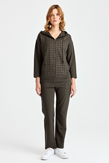 Desen Triko Women's Hooded Sweat with Small Square Stones on the Front Khaki
