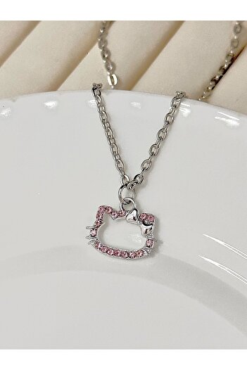 Hello Kitty Cat Zircon Pink Stone Shiny Necklace