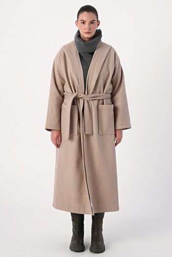 ALLDAY Dark Beige Hooded Belted Cashew Coat