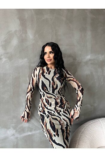 manana fashion Rochie midi cu model leopard, căptușită din tul cu decolteu roșu