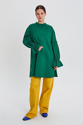 ALLDAY Green Sleeve Elastic Ruffle Detailed Tunic
