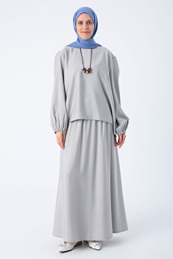 ALLDAY Gray01 Large Size Necklace and Gathered Sleeve Comfortable Skirt Suit