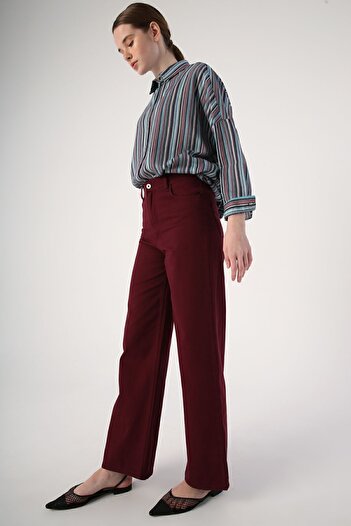 ALLDAY Claret Red 100% Cotton Wide Leg Piece Dyeing Comfortable Fit Trousers