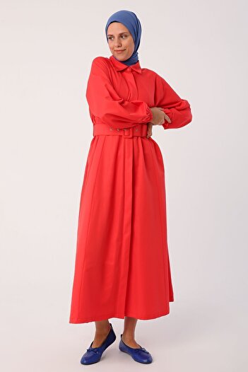 ALLDAY Pomegranate Blossom Belted Shirt Collar Dress