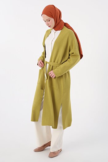 ALLDAY Oil Green Belted Knitwear Cardigan with Slits on the Sides and Pockets