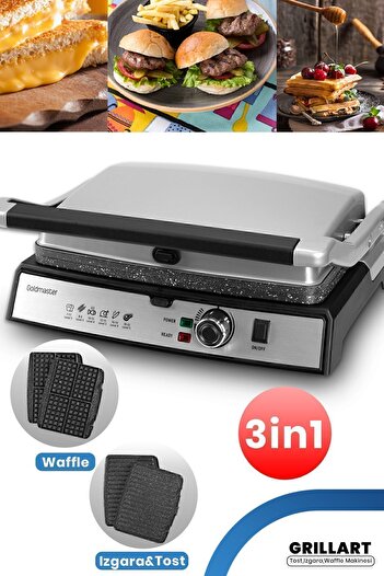 GOLDMASTER Grillart 2000Watt 3in1 Granit Çıkarılabilir Plaka Waffle, Izgara, Tost Makinesi