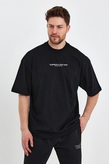 THE RULE Men's Crying Printed Oversize 100% Cotton Loose Wide Cut Crew Neck Soft Textured Black T-Shirt