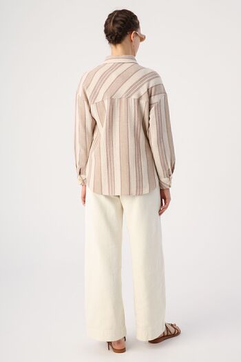 ALLDAY Μπλουζάκι Milk Brown βαμβακερό ριγέ με τσέπες και σκισίματα στα πλαϊνά