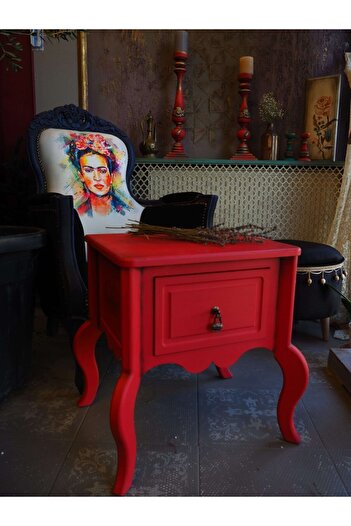 Moza Sanat Kırmızı Çekmeceli Vintage Komodin