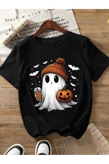 WOODROFFE Γυναικείο μπλουζάκι με θέμα το Halloween Halloween Crew Neck Oversize Casual Boyfirend Μαύρο T-shirt