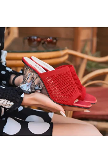 BESKAR Red Knitwear Transparent Heeled Slippers