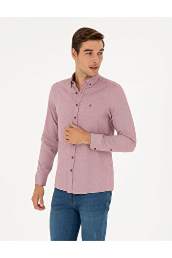 Pierre Cardin Burgundy Oxford Slim Fit Long Sleeve Shirt 50289396-Vr014