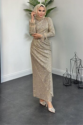 Şule Giyim Sleeve Fringe Sequin Evening Dress Gold
