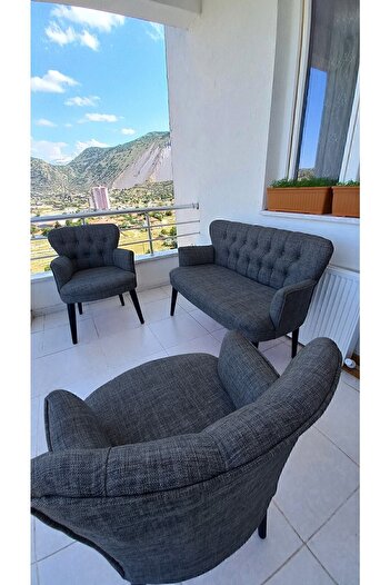 Azra Aksesuar Balkon Koltuğu-berjer-koltuk Takımı -çay Seti Koltuk-gri-keten -ofis Koltuğu -ahşap