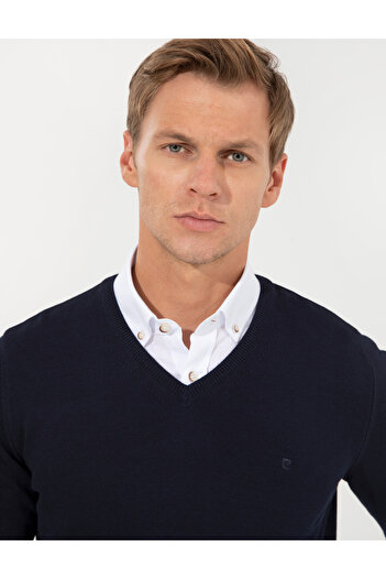 Pierre Cardin Navy Blue Slim Fit V-Neck Basic Knitwear Sweater 50257206-Vr033
